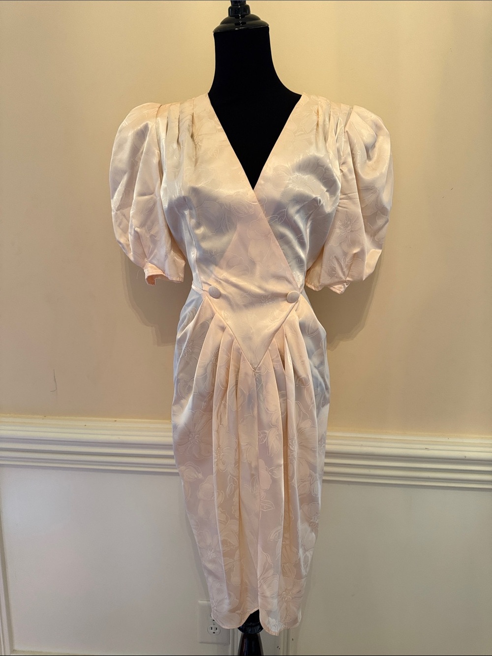 Vintage 80s Pink Satin Jacquard Puff Sleeve Drop Waist Prom Cocktail Dress